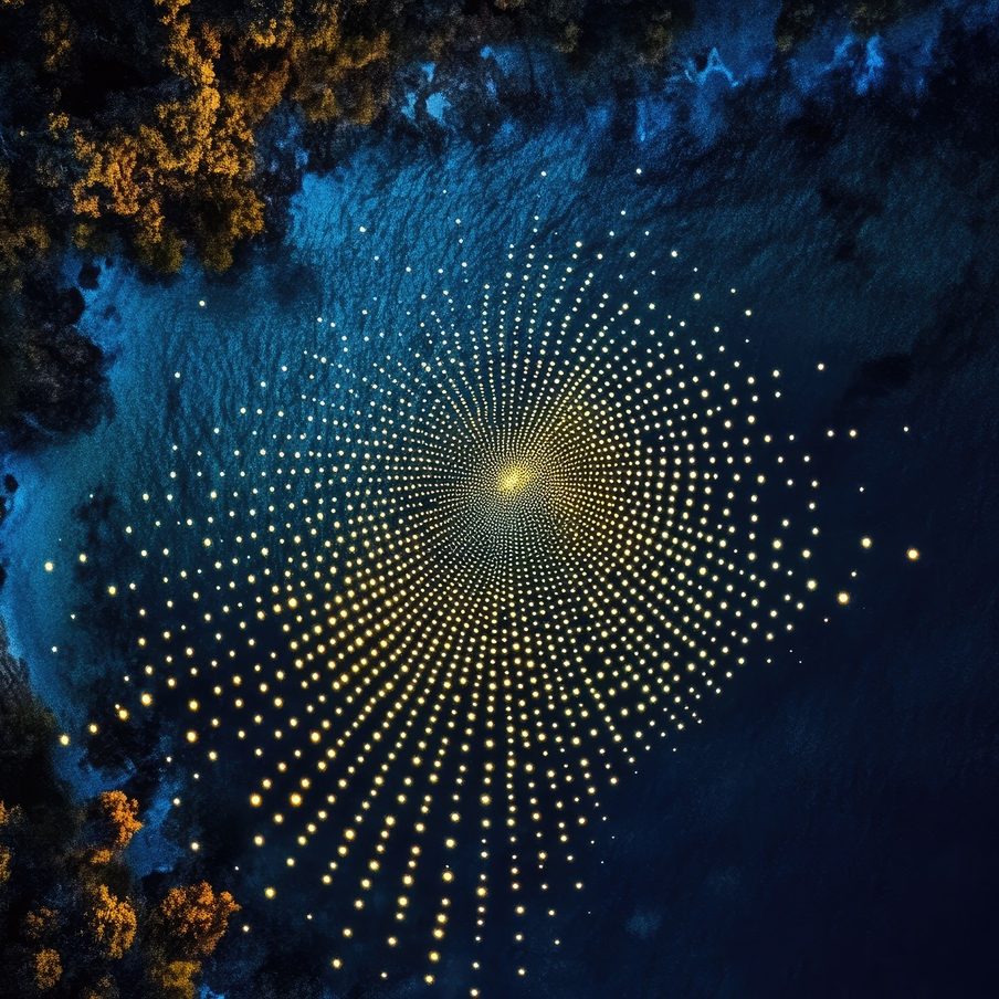 An aerial view of illuminated drones creates a mesmerizing pattern over a dark lake at night. The vibrant lights form a radial design, contrasting with the natural landscape of trees and water, showcasing technology's integration with nature.