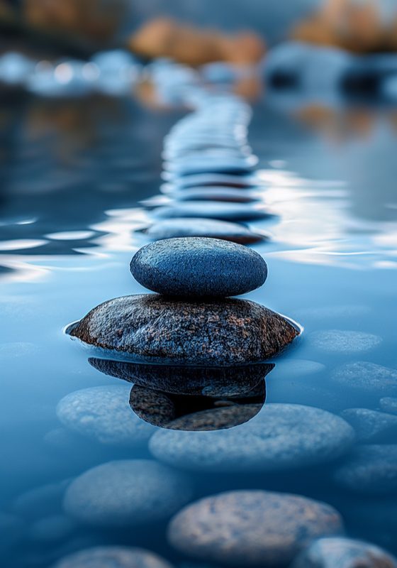 Stack of dark zen stones balancing on each other in water with a path of stones in the background
