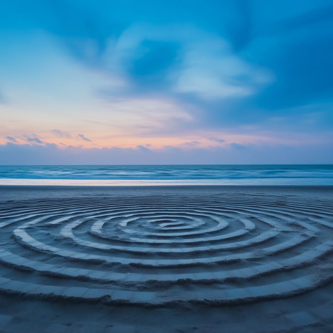 A vast, empty beach at twilight, where the ebb and flow of the waves leave behind the intricate pattern of a labyrinth that vaguely resembles a city map illuminated by moonlight --ar 16:9 --personalize hwa7lra --stylize 50 --v 6.1 Job ID: 5eed00c5-9948-4eab-b266-051ee36cdcca