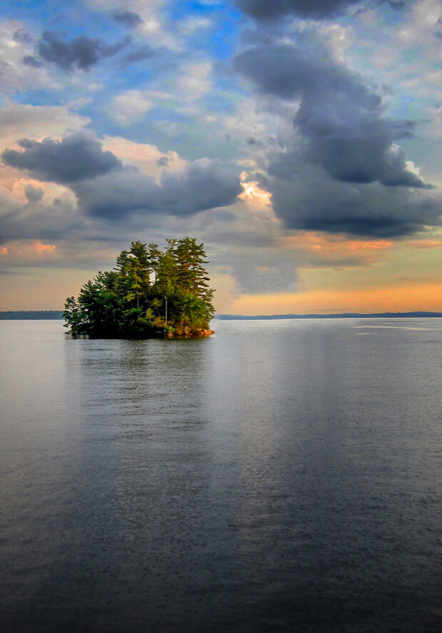 a picture of an island in the middle of Sebago lake in Maine